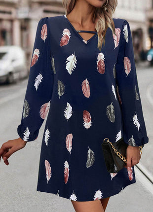 Feather Print V-Neck Dress - MimiStylez
