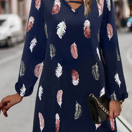 Feather Print V-Neck Dress - MimiStylez