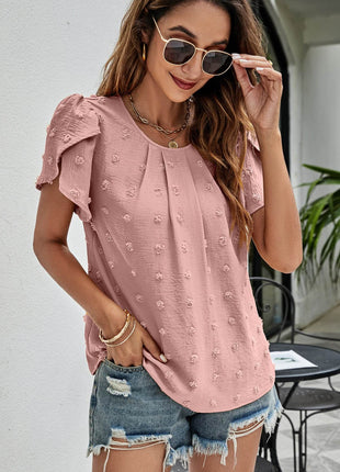 Swiss Dot Round Neck Petal Sleeve Top - MimiStylez