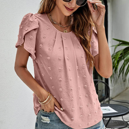 Swiss Dot Round Neck Petal Sleeve Top - MimiStylez