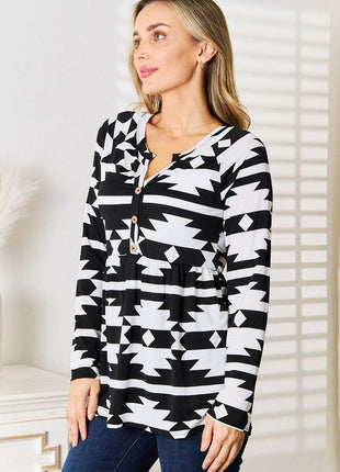 Heimish Full Size Geometric Notched Neck Long Sleeve Top - MimiStylez