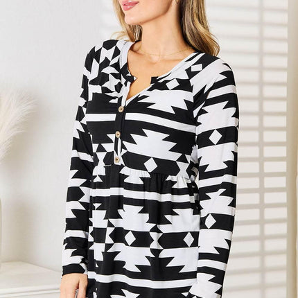 Heimish Full Size Geometric Notched Neck Long Sleeve Top - MimiStylez