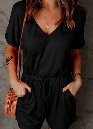 Full Size Drawstring V-Neck Short Sleeve Romper - MimiStylez