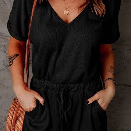 Full Size Drawstring V-Neck Short Sleeve Romper - MimiStylez