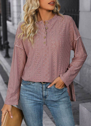 Eyelet Round Neck Long Sleeve Top - MimiStylez