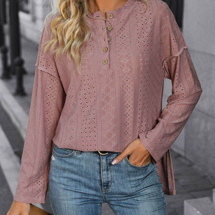 Eyelet Round Neck Long Sleeve Top - MimiStylez