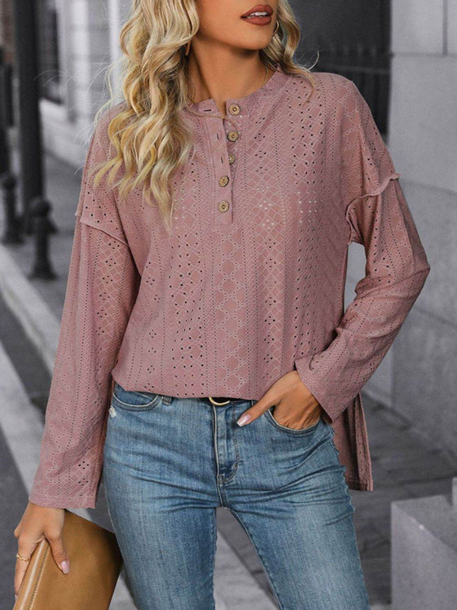 Eyelet Round Neck Long Sleeve Top - MimiStylez