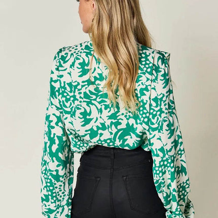 Double Take Full Size Printed Ruffle Trim Balloon Sleeve Shirt - MimiStylez