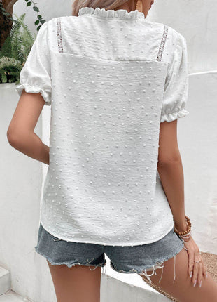 Swiss Dot Buttoned Puff Sleeve Blouse - MimiStylez