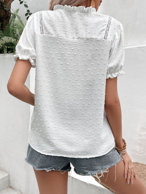 Swiss Dot Buttoned Puff Sleeve Blouse - MimiStylez