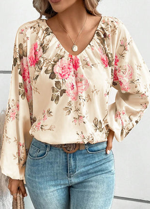 Floral V-Neck Balloon Sleeve Blouse - MimiStylez