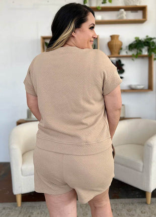 Double Take Full Size Texture Short Sleeve T-Shirt and Drawstring Shorts Set - MimiStylez