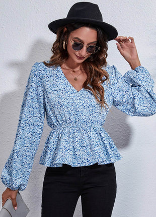 Floral V-Neck Balloon Sleeve Peplum Blouse - MimiStylez