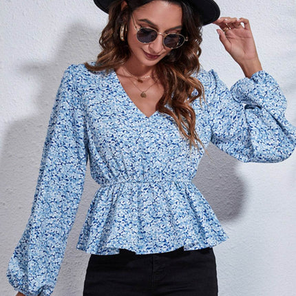 Floral V-Neck Balloon Sleeve Peplum Blouse - MimiStylez