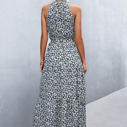 Printed Sleeveless Tie Waist Maxi Dress - MimiStylez