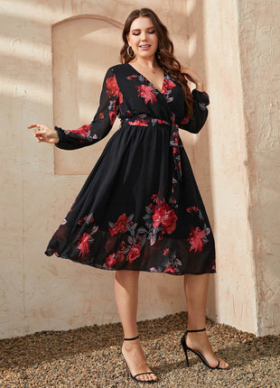Plus Size Floral Surplice Neck Tie Waist Dress - MimiStylez