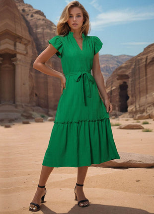 Tied Notched Cap Sleeve Dress - MimiStylez