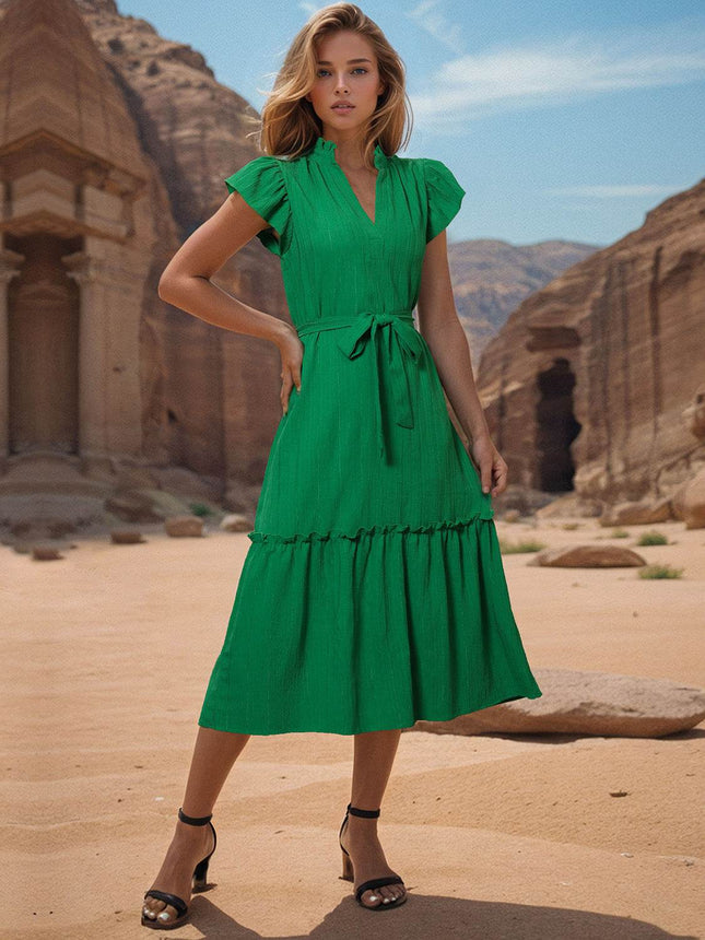 Tied Notched Cap Sleeve Dress - MimiStylez