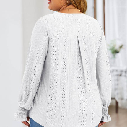 Plus Size Eyelet Notched Flounce Sleeve Blouse - MimiStylez