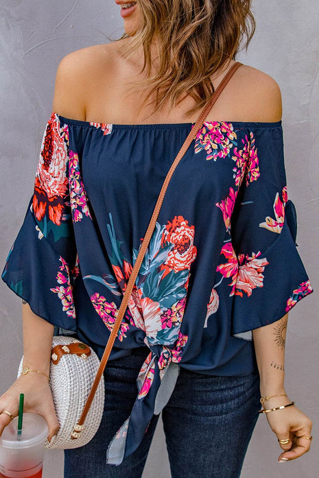 Printed Off-Shoulder Flounce Sleeve Top - MimiStylez