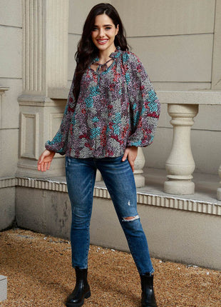 Tie Neck Heathered Balloon Sleeve Blouse - MimiStylez