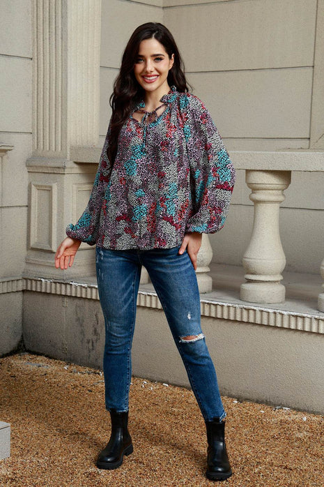 Tie Neck Heathered Balloon Sleeve Blouse - MimiStylez