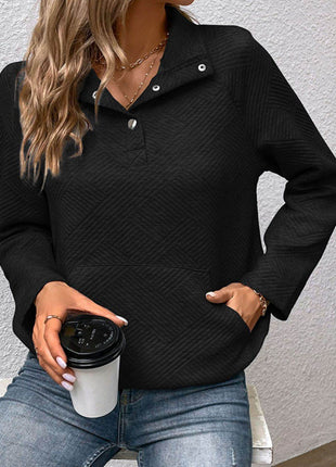 Half Buttoned Collared Neck Sweatshirt with Pocket - MimiStylez