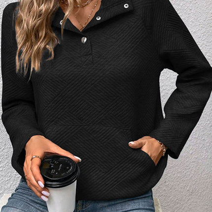 Half Buttoned Collared Neck Sweatshirt with Pocket - MimiStylez