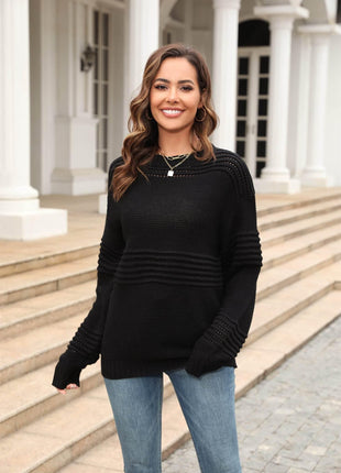 Round Neck Openwork Long Sleeve Pullover Sweater - MimiStylez