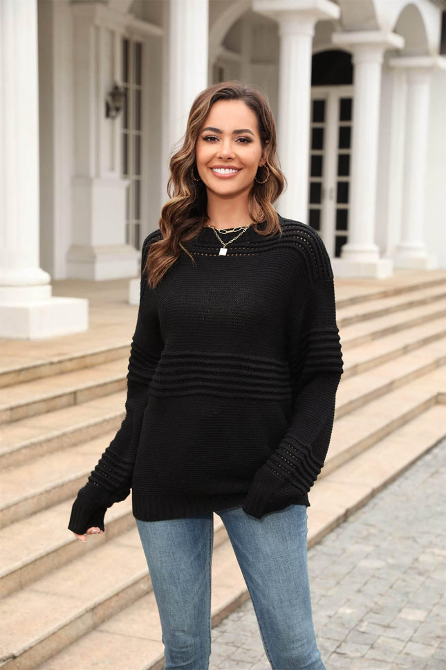 Round Neck Openwork Long Sleeve Pullover Sweater - MimiStylez
