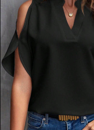 Notched Cold Shoulder Blouse - MimiStylez