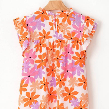 Printed Round Neck Cap Sleeve Blouse - MimiStylez