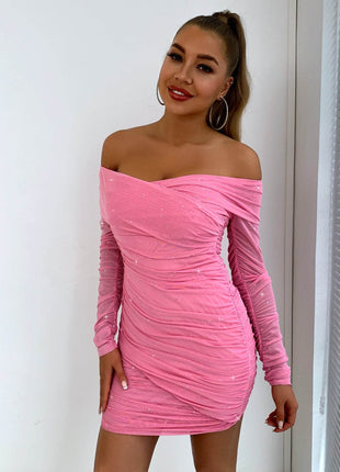 Glitter Ruched Off-Shoulder Long Sleeve Bodycon Dress - MimiStylez