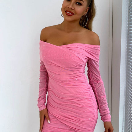 Glitter Ruched Off-Shoulder Long Sleeve Bodycon Dress - MimiStylez