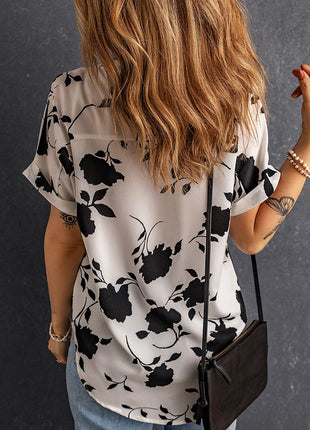 Full Size Printed Notched Short Sleeve Blouse - MimiStylez