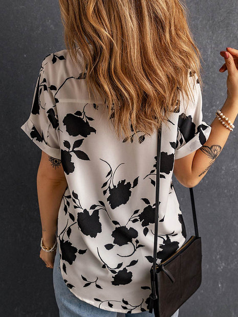 Full Size Printed Notched Short Sleeve Blouse - MimiStylez