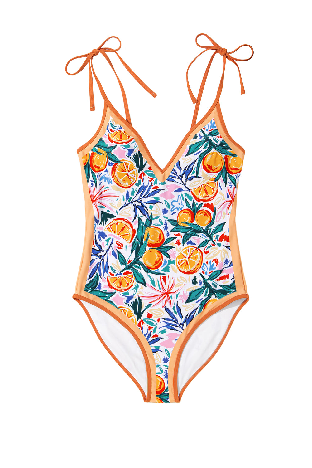 Orange Fruit Plant Print Tied Straps V Neck One Piece Swimsuit