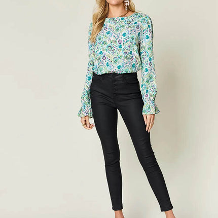 Double Take Full Size Printed Flounce Sleeve Blouse - MimiStylez