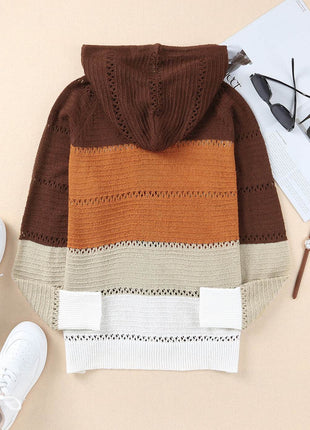 Zip-Up Raglan Sleeve Openwork Hooded Cardigan - MimiStylez