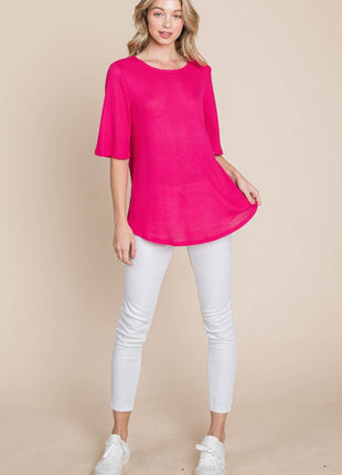 BOMBOM Round Neck Waffle Knit T-Shirt - MimiStylez