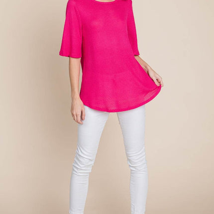 BOMBOM Round Neck Waffle Knit T-Shirt - MimiStylez