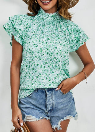 Ditsy Floral Mock Neck Flounce Sleeve Blouse - MimiStylez