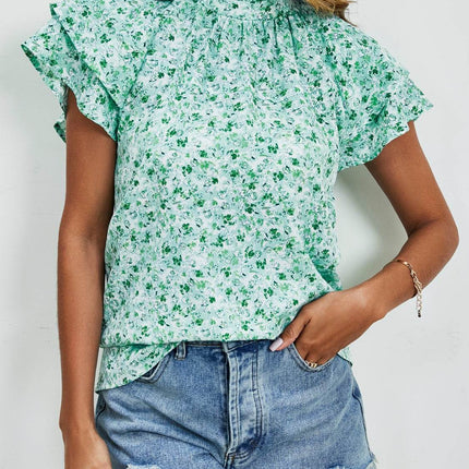 Ditsy Floral Mock Neck Flounce Sleeve Blouse - MimiStylez