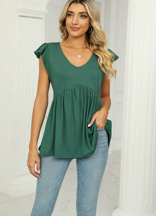 V-Neck Flutter Sleeve Babydoll Blouse - MimiStylez