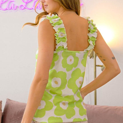 BiBi Floral Waffle Ruffled Tank - MimiStylez