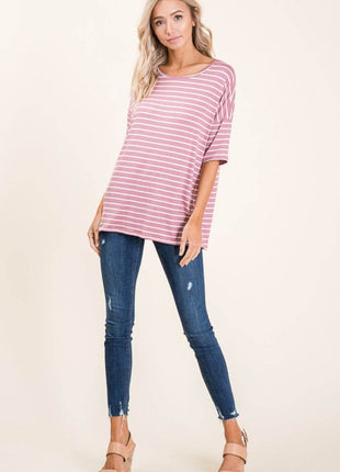 BOMBOM Striped Round Neck Half Sleeve T-Shirt - MimiStylez