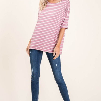 BOMBOM Striped Round Neck Half Sleeve T-Shirt - MimiStylez