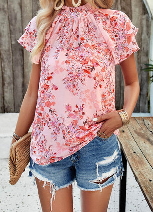 Printed Ruffled Mock Neck Blouse - MimiStylez