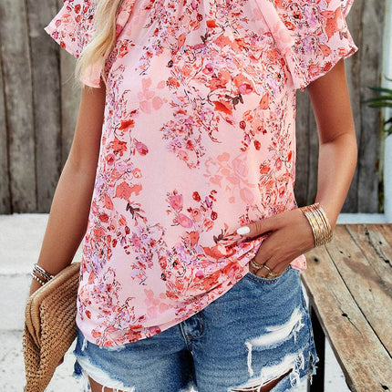 Printed Ruffled Mock Neck Blouse - MimiStylez