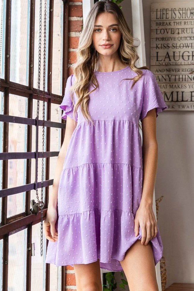 Heimish Full Size Swiss Dot Short Sleeve Tiered Dress - MimiStylez